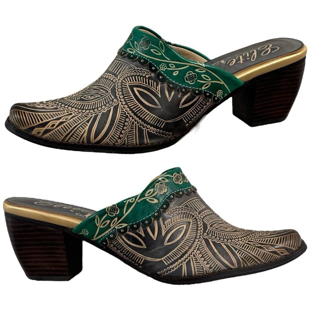 Elite by Corky's Shoes‎ Womens 7 Scroll Leather Heeled Mules Green Brown Tan